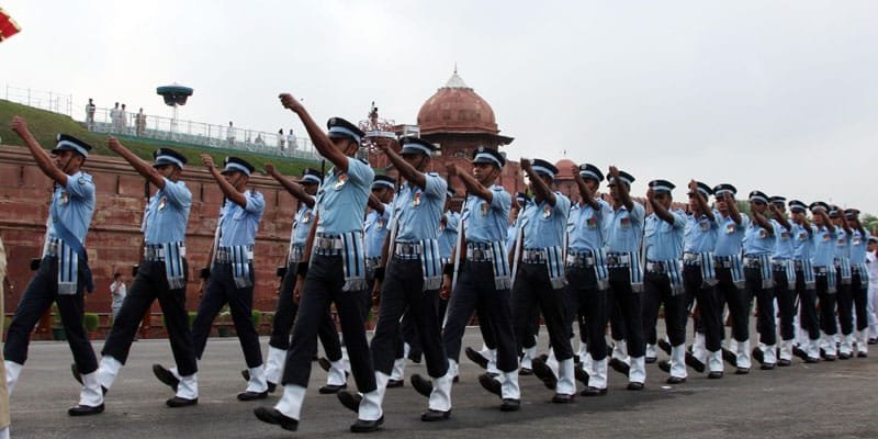 Air Force marching contingent during the Independence day rehearsal, at Red Fort,…