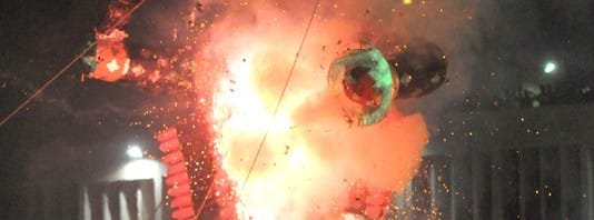 The Ravana effigy in flames, at the Dussehra celebrations, at Ramleela Maidan..