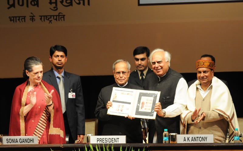 The President, Shri Pranab Mukherjee releasing the Commemorative Postage Stamps...