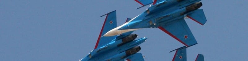 Russian knights aerobatic team performing at Aero India 2013 air show, at Yelahanka, in Bangalore