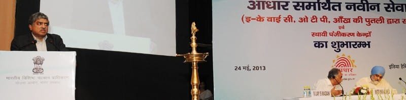 The Chairman, UIDAI, Shri Nandan Nilekani addressing at the launch of the Aadhaar...