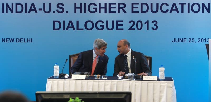 The Union Minister for Human Resource Development, Dr. M.M. Pallam Raju and the US Secretary of State, Mr. John Kerry at the India-US Higher Education Dialogue-2013, in New Delhi
