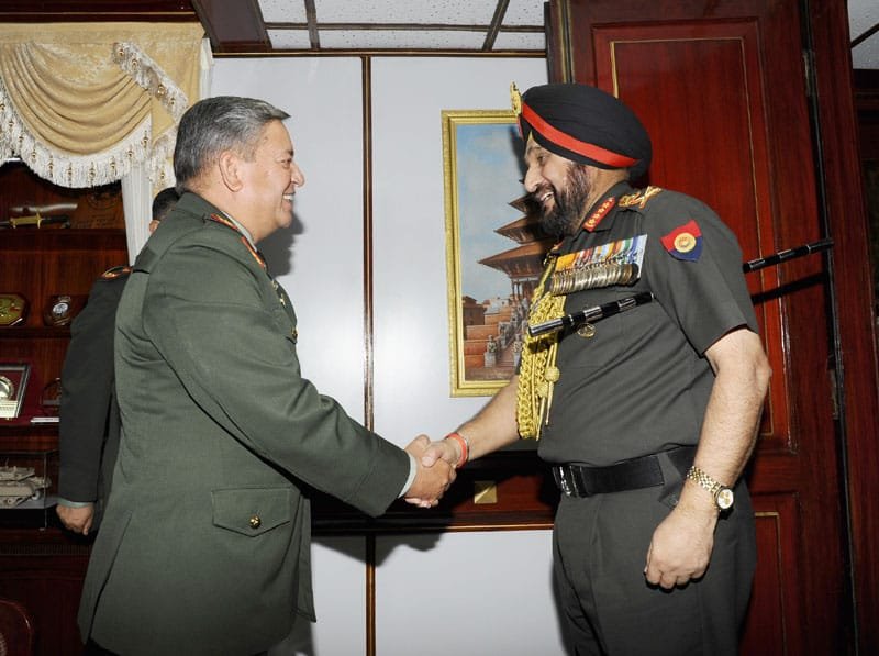 The Chief of Army Staff, General Bikram Singh meeting the Nepal Army Chief, General S.J.B. Rana, at Kathmandu