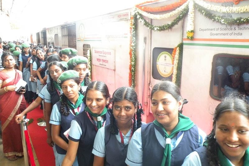 Students in a queue to visit the biodiversity exhibition on board Science Express…