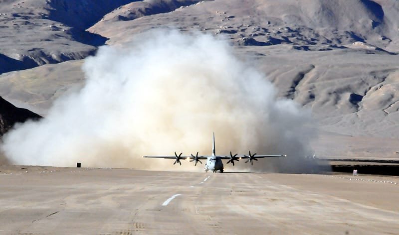 The IAF C 130J-30 Super Hercules aircraft makes an historic landing at Daulat Beg Oldie (DBO)