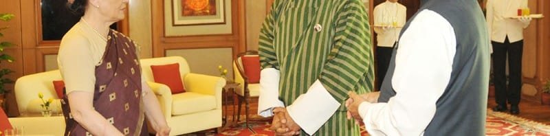 The Prime Minister of Bhutan, Mr. Lyonchhen Tshering Tobgay with the Chairperson, National Advisory Council, Smt. Sonia Gandhi and the Prime Minister, Dr. Manmohan Singh, in New Delhi