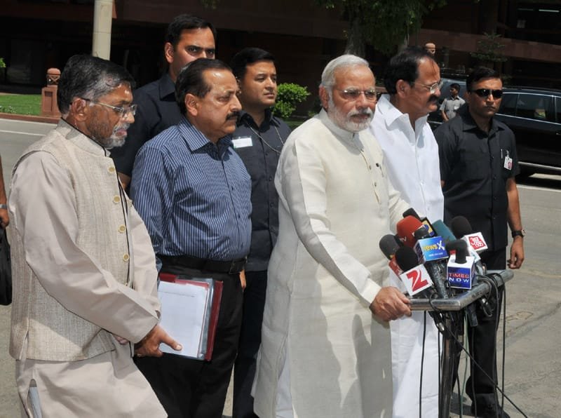 The Prime Minister, Shri Narendra Modi addressing the media outside the…