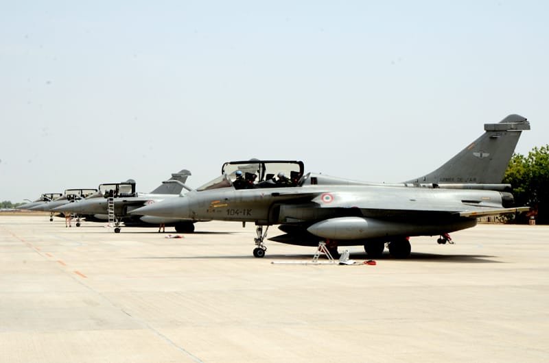 The French Air Force Rafale aircraft participating in Ex Garuda-V at Jodhpur lined..