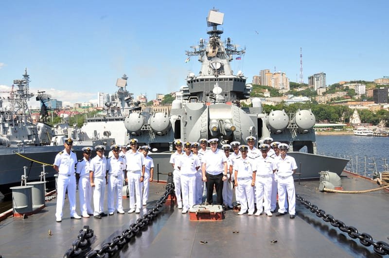 The Indian Naval personnel on Varyag, during the exercise INDRA – 2014, at Vladivostok, Russia