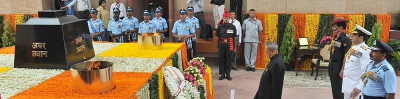 The President, Shri Pranab Mukherjee paying homage at the Amar Jawan Jyoti,...