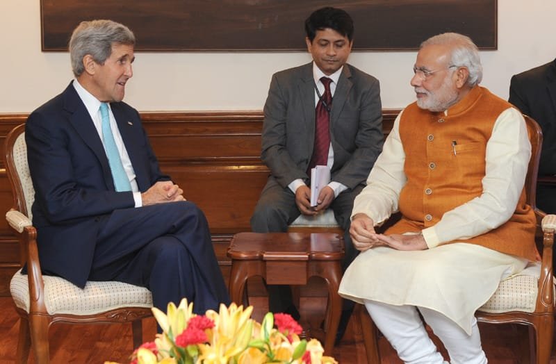 The US Secretary of State, Mr. John Kerry calling on the Prime Minister, Shri Narendra Modi, in New Delhi