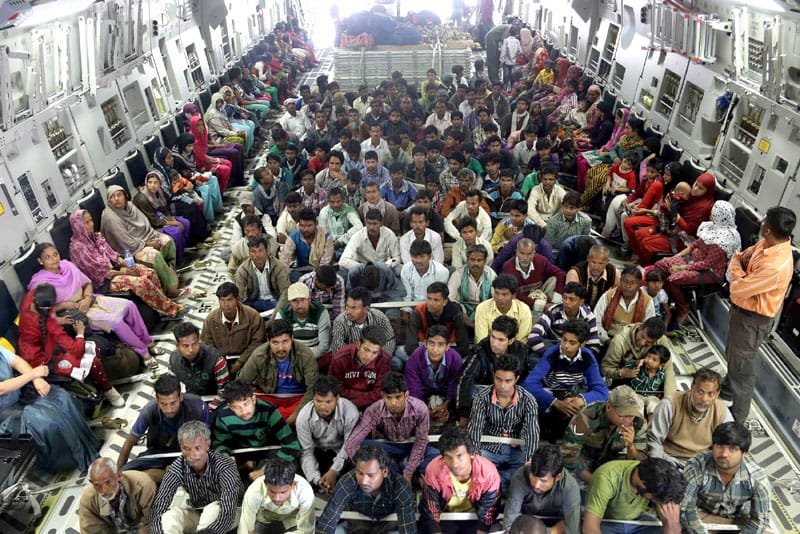 Rescued people onboard an IAF C-17 Globemaster aircraft being carried to Delhi