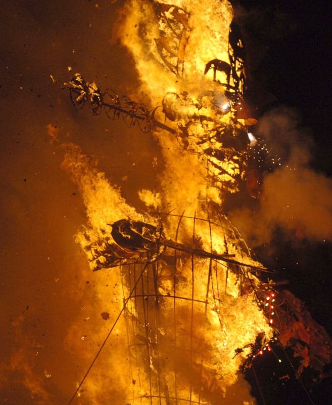 The Ravana effigy in flames, at the Dussehra celebrations, at South Delhi, on the…