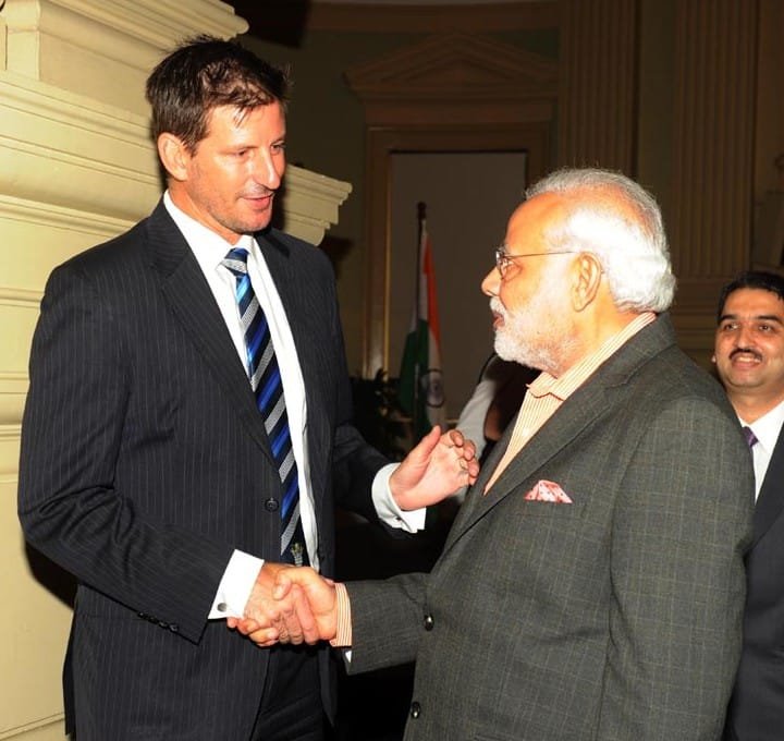 The Prime Minister, Shri Narendra Modi with the Australian cricketer Michael Kasprowicz at..