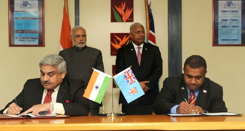 The Prime Minister, Shri Narendra Modi and the Prime Minister of Fiji, Mr. Frank Bainimarama…