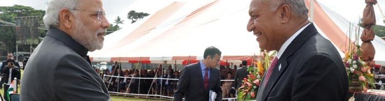 The Prime Minister, Shri Narendra Modi being welcomed by the Prime Minister of Fiji,..