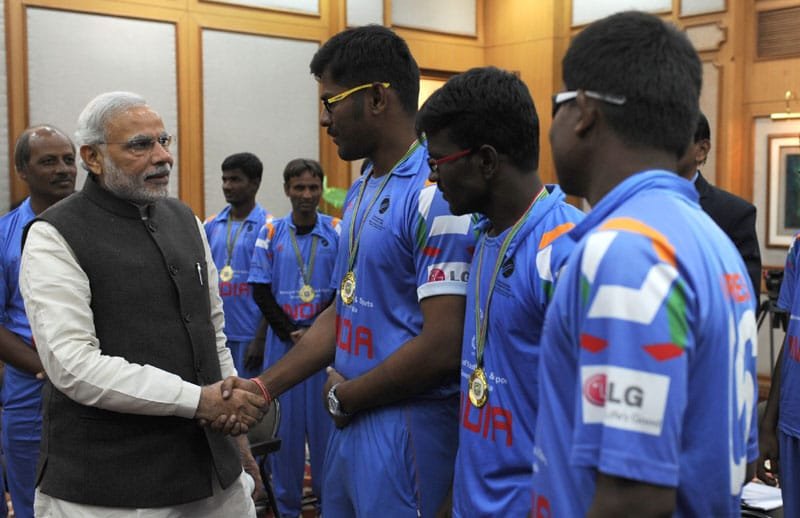 The Prime Minister, Shri Narendra Modi meeting the members of the Indian Blind World Cup Winning Team, in New Delhi