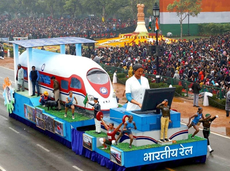 The tableau Ministry of Railways passes through the Rajpath during the 66th Republic Day Parade 2015, in New Delhi