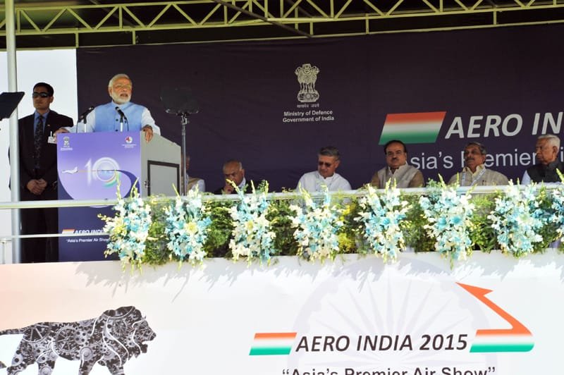 The Prime Minister, Shri Narendra Modi addressing at the Aero India-2015 Air Show, in Bangalore