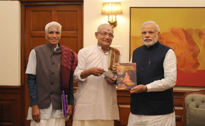 “Atmatirtham”- a book on Adi Sankara’s life and teachings being presented to the Prime Minister, Shri Narendra Modi, in New Delhi