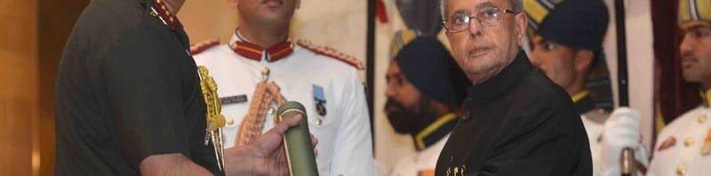 The President, Shri Pranab Mukherjee presenting the Param Vishisht Seva Medal at ..
