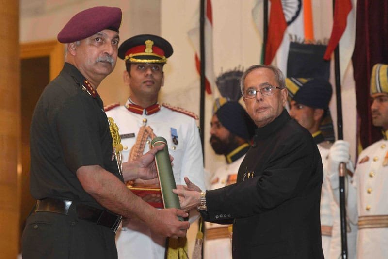 The President, Shri Pranab Mukherjee presenting the Param Vishisht Seva Medal at ..