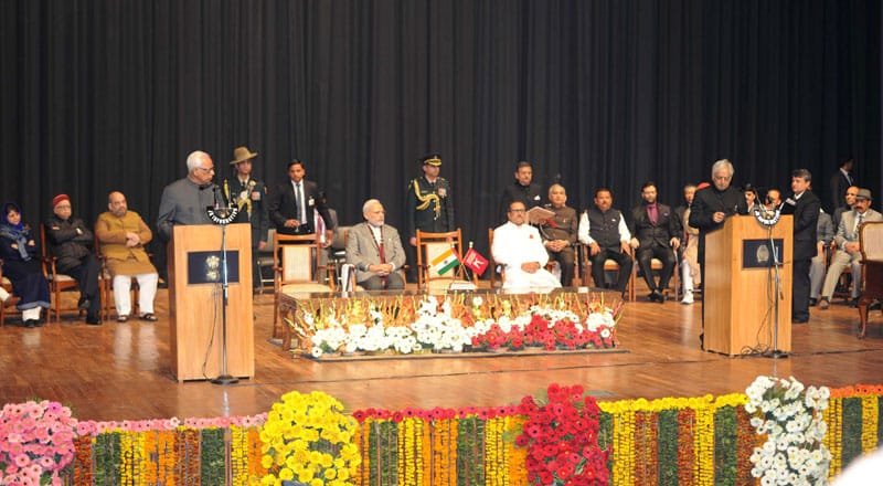 The Prime Minister, Shri Narendra Modi at the swearing-in ceremony of Mufti Mohammad Sayeed as..