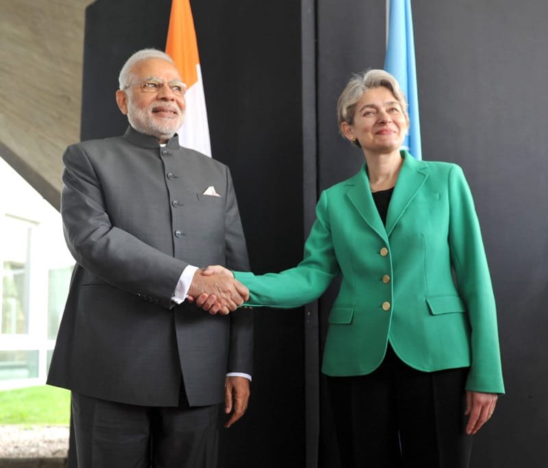 The Prime Minister, Shri Narendra Modi with the Director-General of UNESCO, Ms. Irina Bokova,..