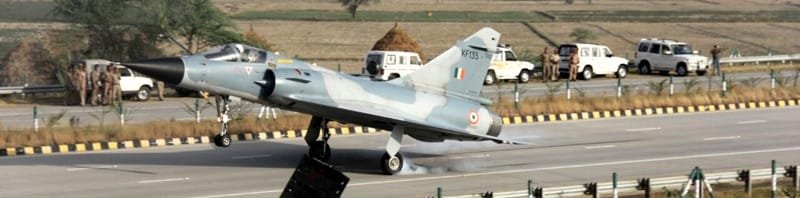 An Indian Air Force (IAF) Mirage -2000 lands at Yamuna Expressway, in Uttar Pradesh