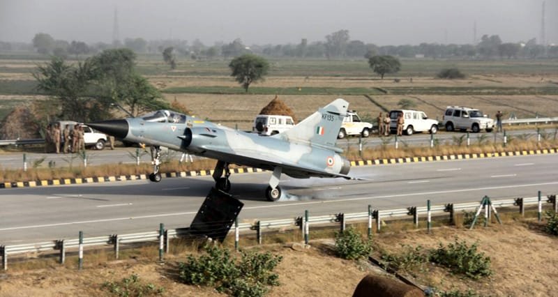 An Indian Air Force (IAF) Mirage -2000 lands at Yamuna Expressway, in Uttar Pradesh