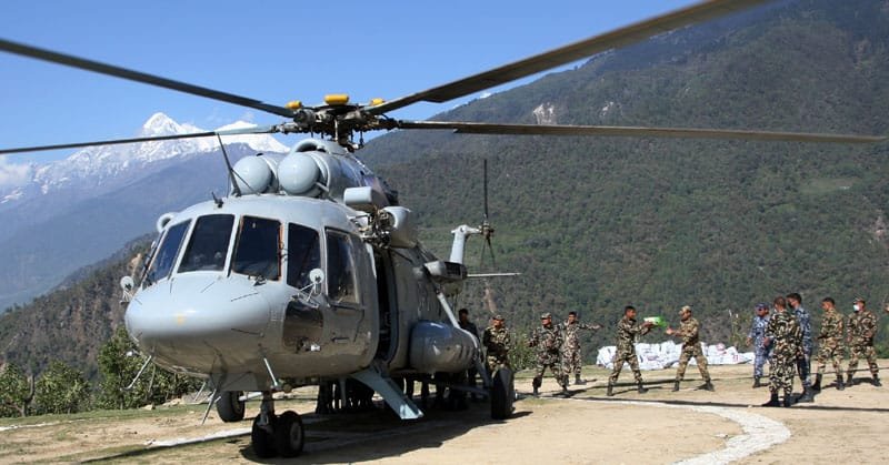 Relief material airlifted by an Indian Air Force (IAF) MI-17 V5 helicopter being offloaded at..