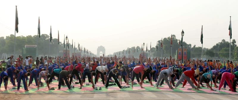 Participants of the 21st June International Yoga Day rehearsing at Rajpath, during..