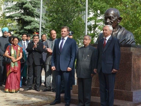 The President, Shri Pranab Mukherjee unveiled the Bust of Mahatma Gandhi, at..