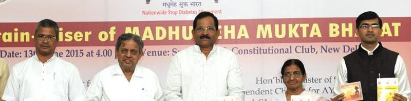 The Minister of State for AYUSH (Independent Charge) and Health & Family Welfare, Shri Shripad Yesso Naik releasing the DVD and the book on "Madhumeha Mukta Bharat-Nationwide Stop Diabetes Movement (SDM)", in New Delhi