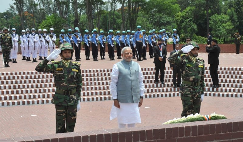The Prime Minister, Shri Narendra Modi paying homage to martyrs by laying the wreath at National Martyrs’ Memorial, in Savar, Dhaka