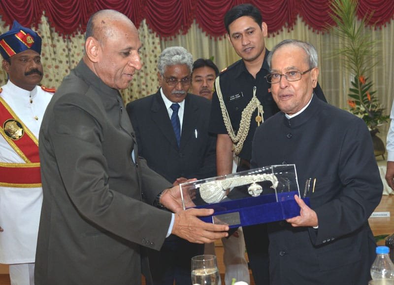 The President, Shri Pranab Mukherjee being presented a Silver Veena memento…