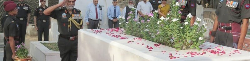 The Commandant, National Defence College and Colonel of the Parachute Regiment, Lt. Gen. N.S. Ghei paying homage to late Brigadier Mohammad Usman, MVC, on his death anniversary, at Jamia Millia Islamia University Cemetery, in New Delhi