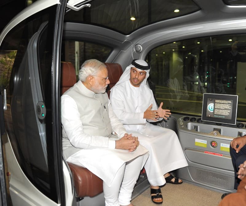 The Prime Minister, Shri Narendra Modi takes a tour of Masdar City, a hub of clean technology, in Abu Dhabi, UAE