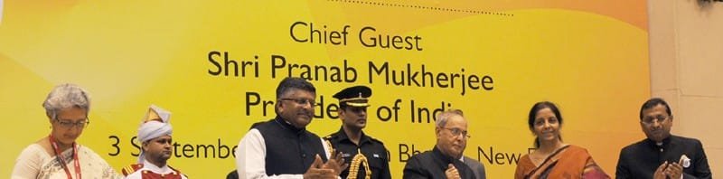 The President, Shri Pranab Mukherjee being presented the first copy of the Coffee Table Book ‘EEPC India: 60 years On’, at the inauguration of the Diamond Jubilee celebrations of Engineering Export Promotion Council of India (EEPC India), in New Delhi on September 03, 2015. The Union Minister for Communications & Information Technology, Shri Ravi Shankar Prasad and the Minister of State for Commerce & Industry (Independent Charge), Smt. Nirmala Sitharaman are also seen.