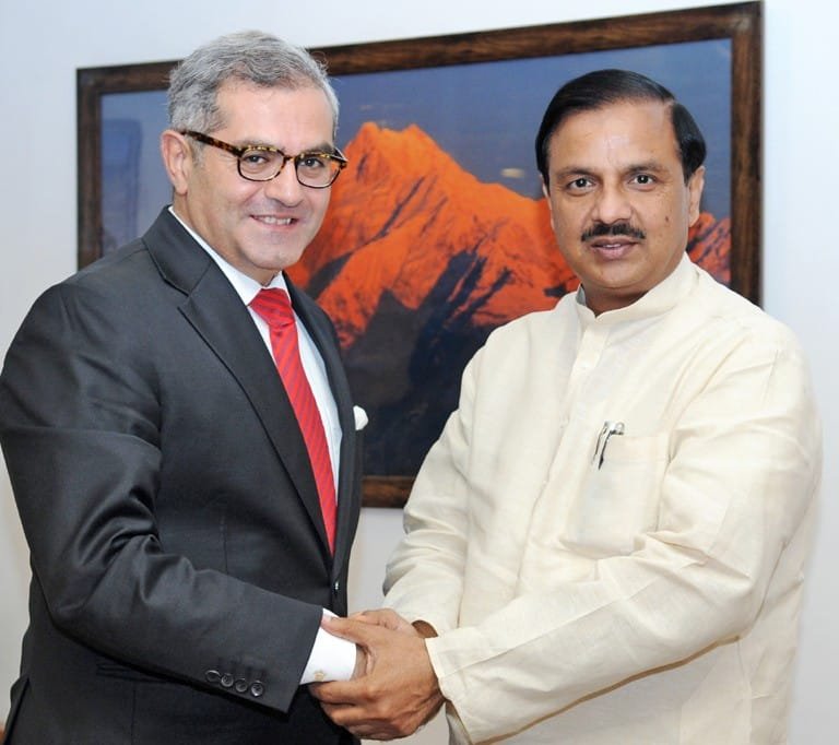 The Ambassador Extraordinary and Plenipotentiary of the Republic of Turkey, Dr. Burak Akcapar meeting the Minister of State for Culture (Independent Charge), Tourism (Independent Charge) and Civil Aviation, Dr. Mahesh Sharma, in New Delhi on September 03, 2015.