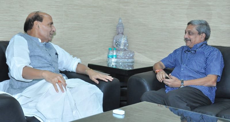 The Union Minister for Defence, Shri Manohar Parrikar calling on the Union Home Minister,..