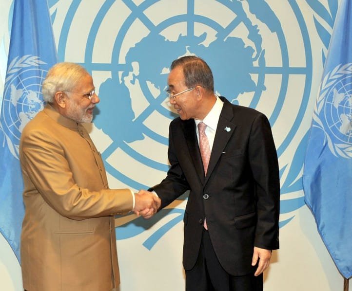 The Prime Minister, Shri Narendra Modi with the UN Secretary General, Mr. Ban Ki-moon ..