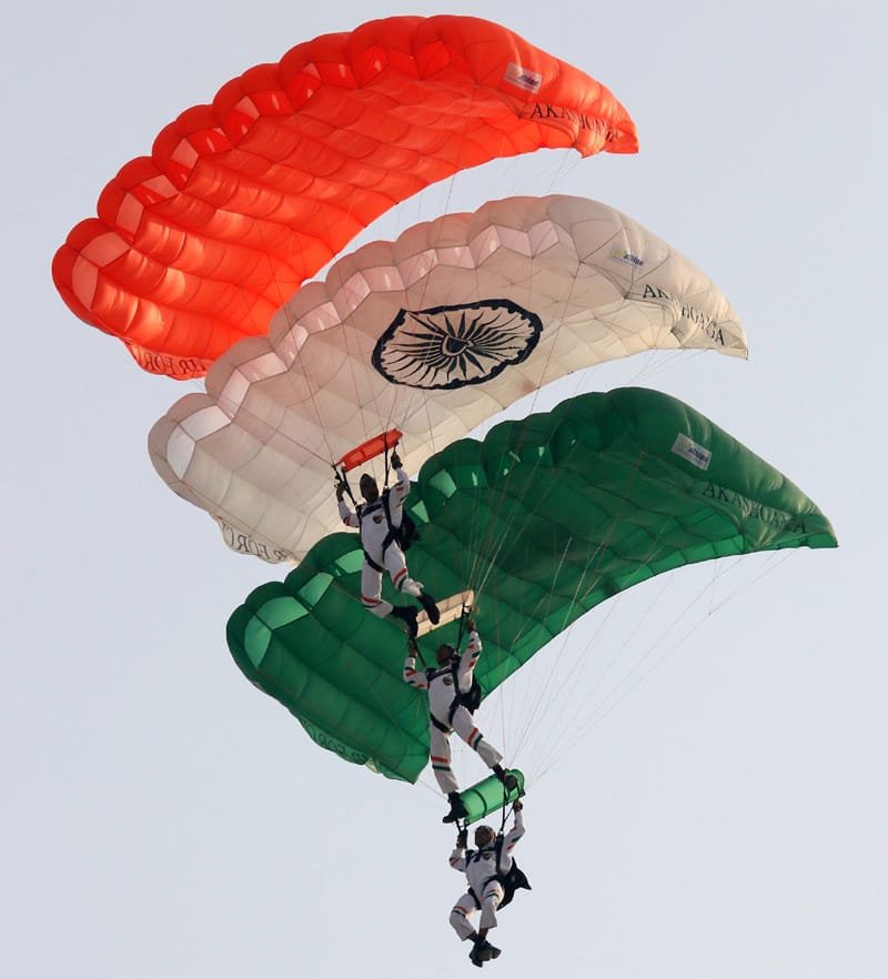 The Indian Air Force (IAF) Akash Ganga team performs a para jump during Air Force Day ..