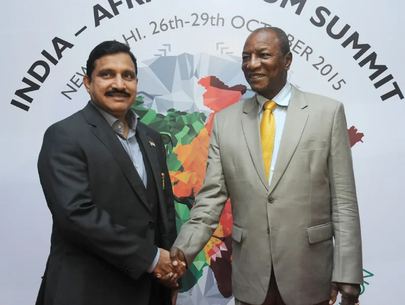 The President of Guinea, Mr. Alpha Conde being received by the Minister of State for..