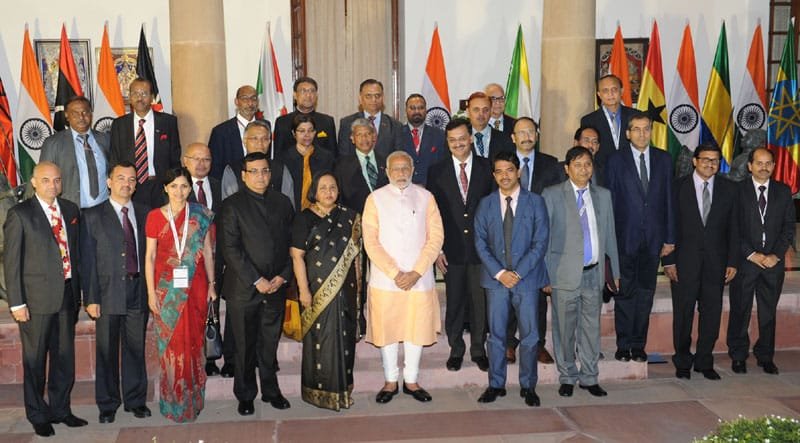 The Prime Minister, Shri Narendra Modi in a group photograph with the Indian Ambassadors in Africa..
