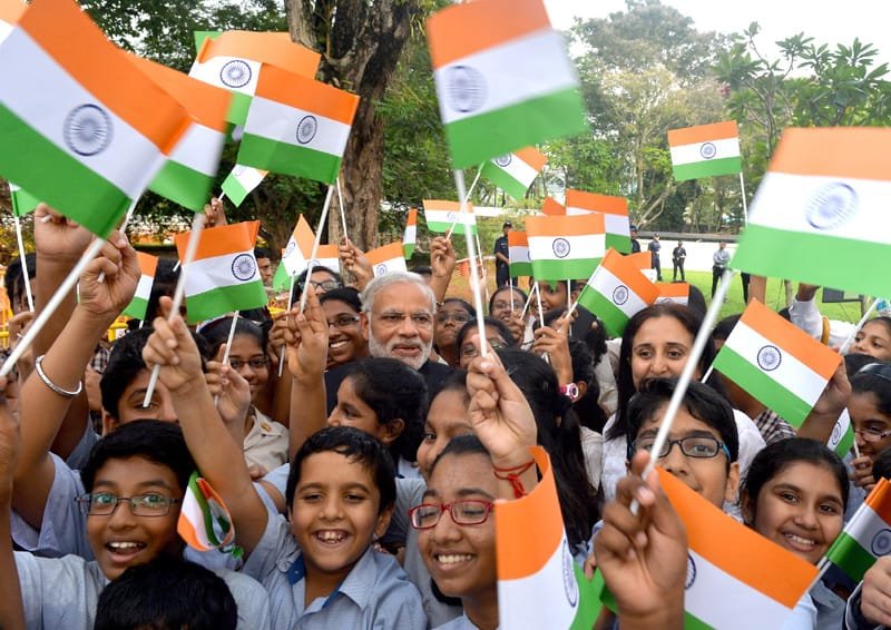 The Prime Minister, Shri Narendra Modi interacting with the school children at the ..