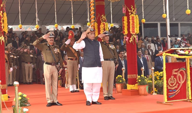 The Union Home Minister, Shri Rajnath Singh taking the salute of the BSF Golden Jubilee ..