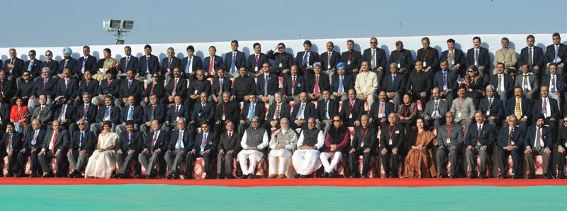 The Prime Minister, Shri Narendra Modi with delegates at the 3-day DGP Conference, at Dhordo, Kutch, in Gujarat
