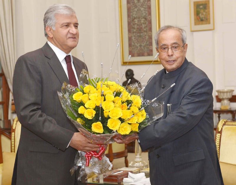 The Governor of Uttarakhand, Dr. K.K. Paul greeting the President, Shri Pranab Mukherjee on his birthday, at Rashtrapati Bhavan, in New Delhi
