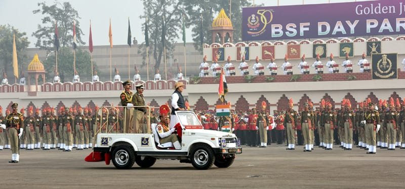 The Union Home Minister, Shri Rajnath Singh reviewing the BSF Golden Jubilee Parade, in New Delhi